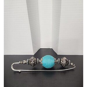 TURKISH Vintage 5" inch Hand Made Safety Pin Brooch Ornate Silver Tone Blue